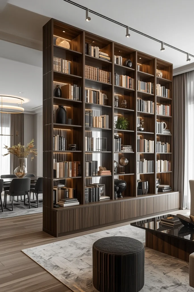 Tall open bookshelf divides a studio apartment into zones.