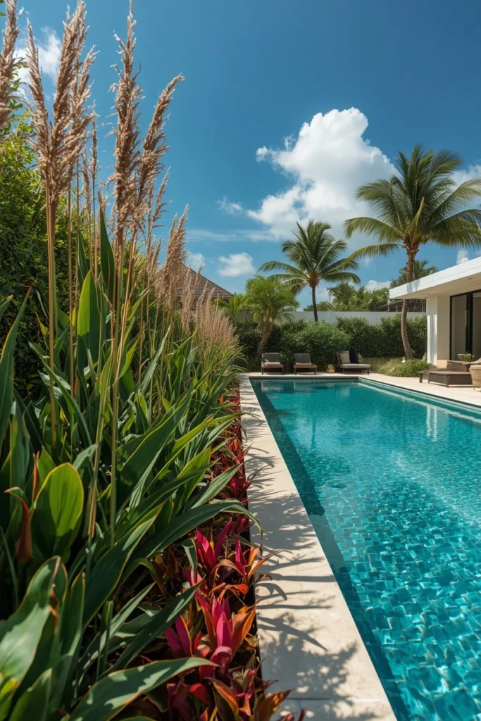 Tall ornamental grasses and tropical plants around pool
