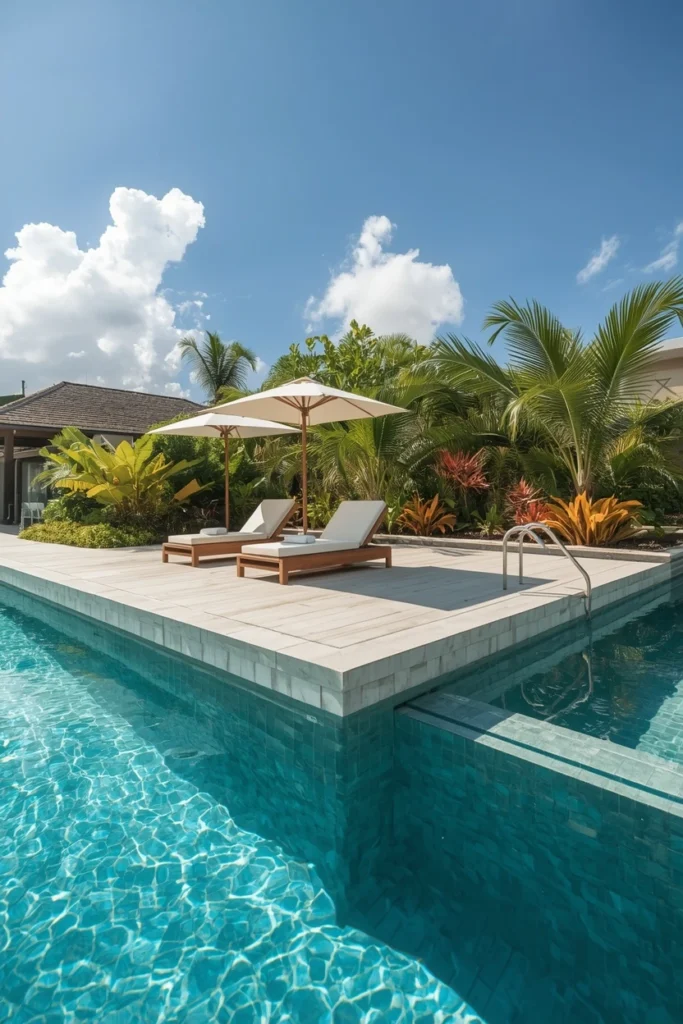 Shallow tanning ledge with lounge chair in pool