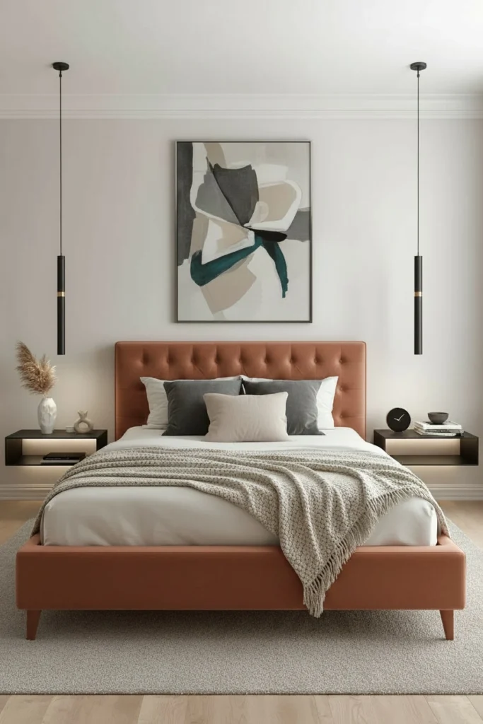 A warm terracotta bed frame brings rich earthy colour to the bedroom.