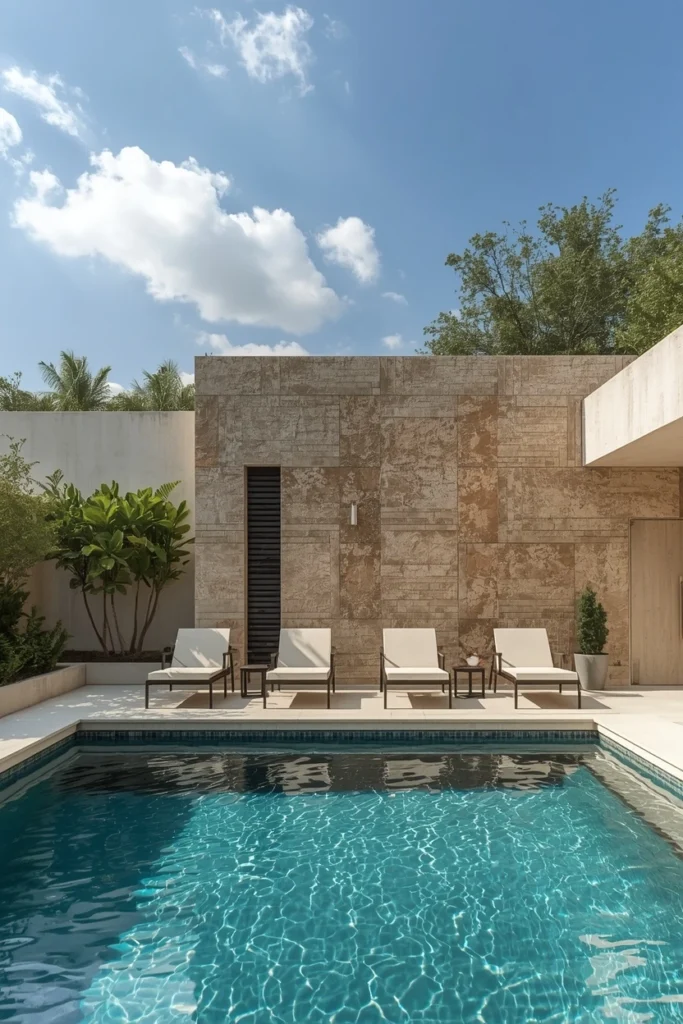 Textured stone feature wall behind modern pool area
