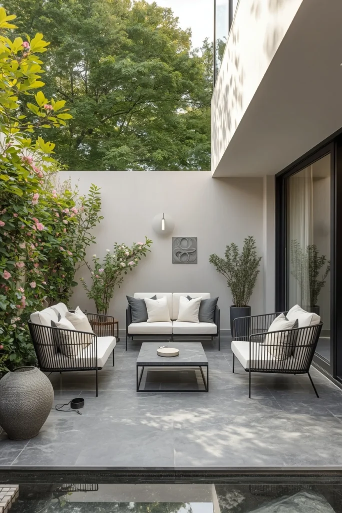 Thin frame black steel furniture on small patio
