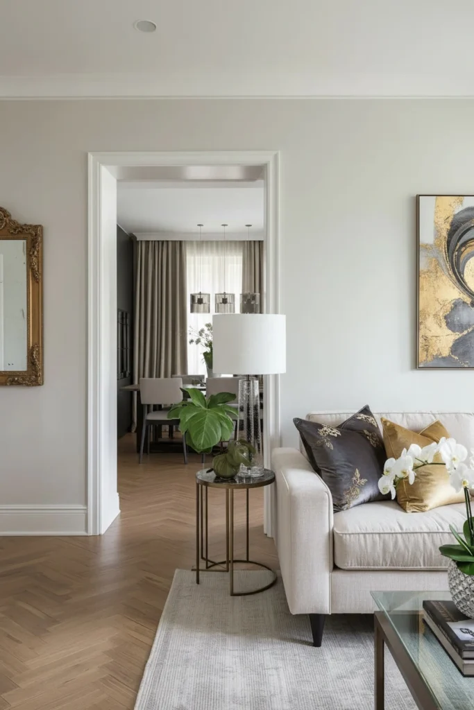 Thin console table placed directly behind the living room sofa.