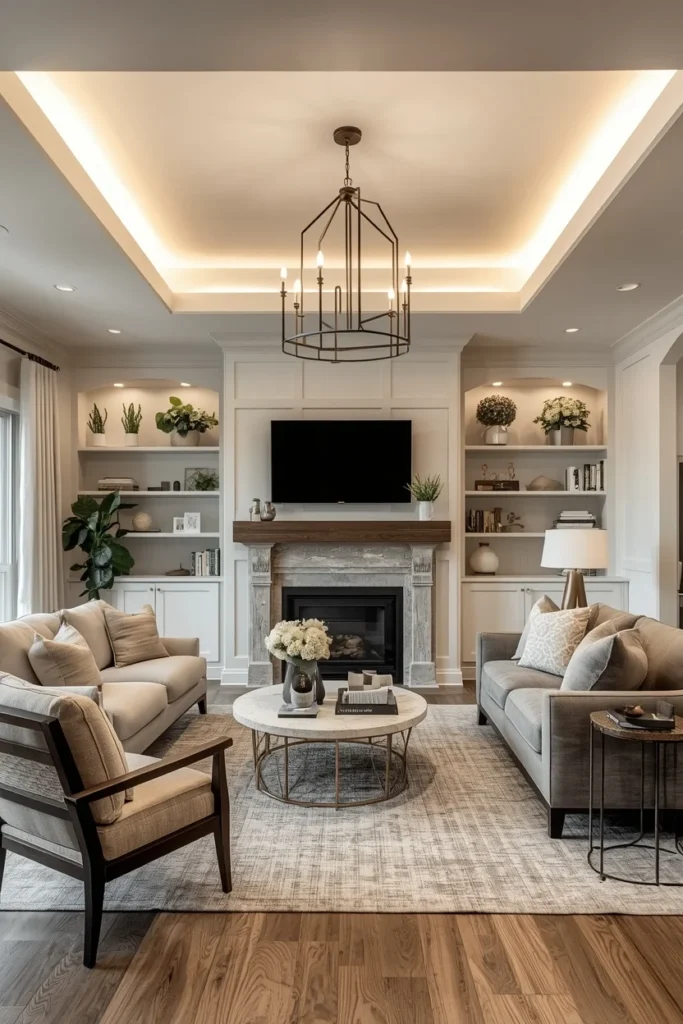 Three-layer lighting setup in cozy farmhouse living room