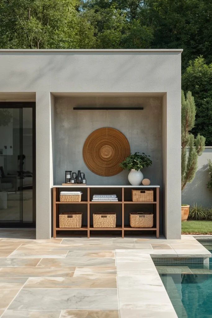Neat wooden towel rack and storage cabinet by pool