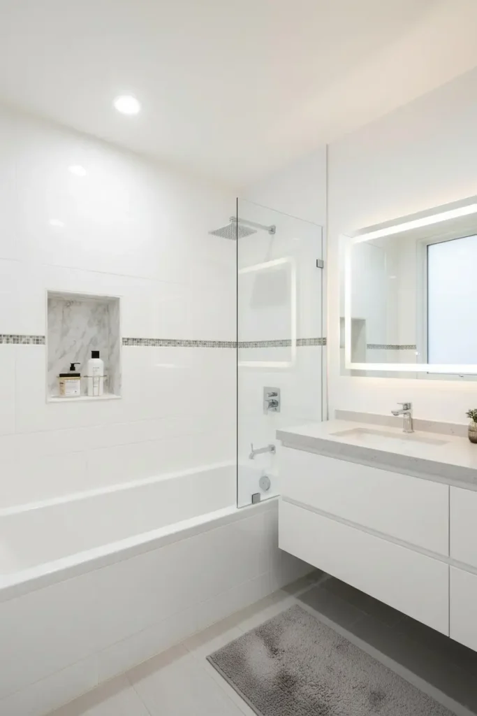 Tiled niche inside shower holding shampoo and soap
