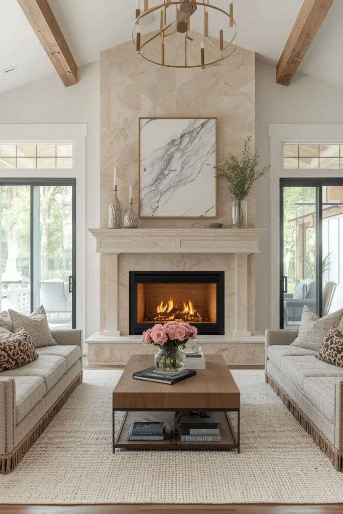 Travertine stone fireplace surround in farmhouse living room