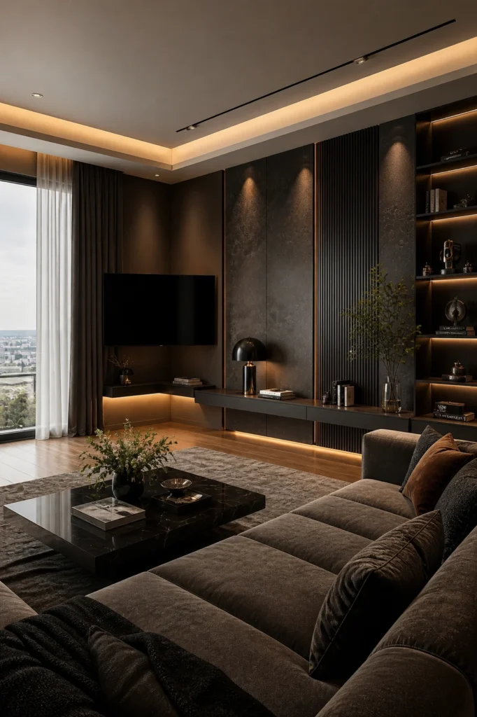 Television mounted in the corner of a living room.