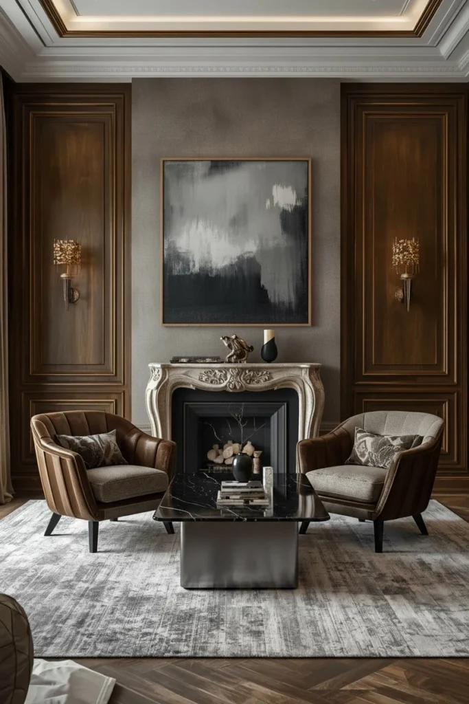 Two accent chairs facing each other with a round table.