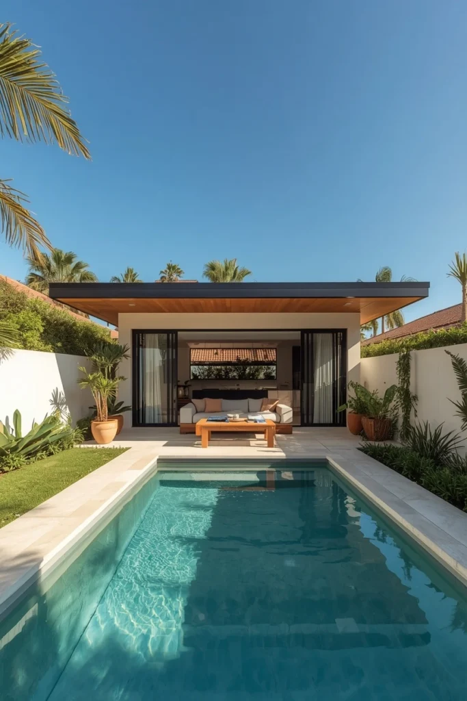 Calm two-tone color palette in modern pool area