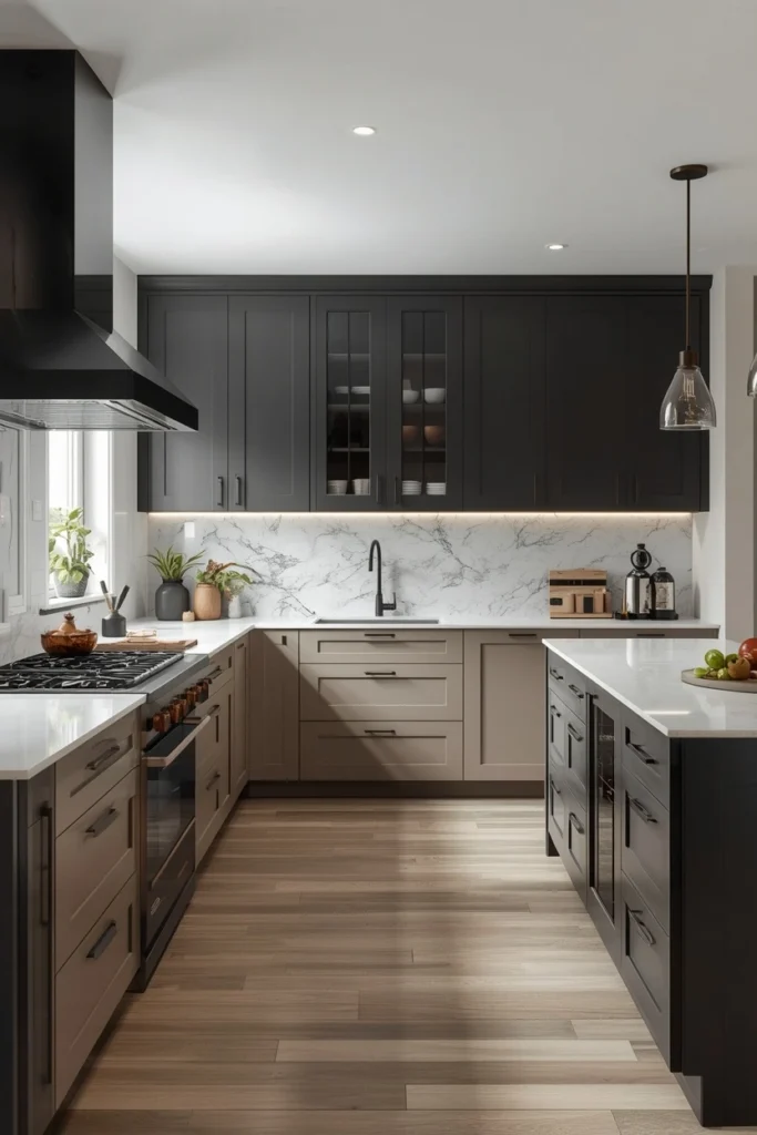 Two-tone cabinets add depth and personality to modern kitchens.