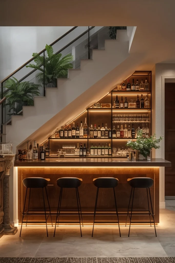 Mini bar counter built under staircase with lighting