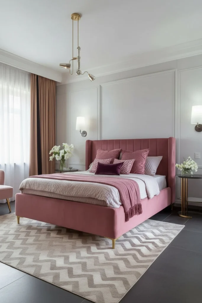 A rich velvet bed frame features elegant slim gold legs.