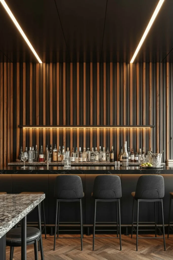 Vertical oak wood slat panels in modern home bar