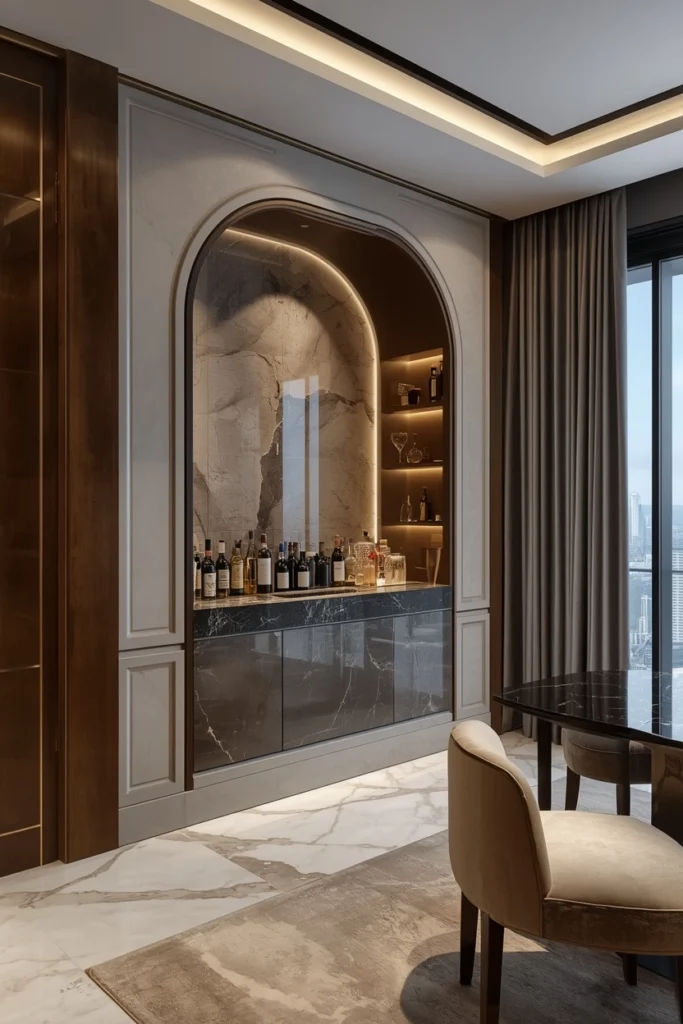 Built-in wall niche bar counter with strip lighting