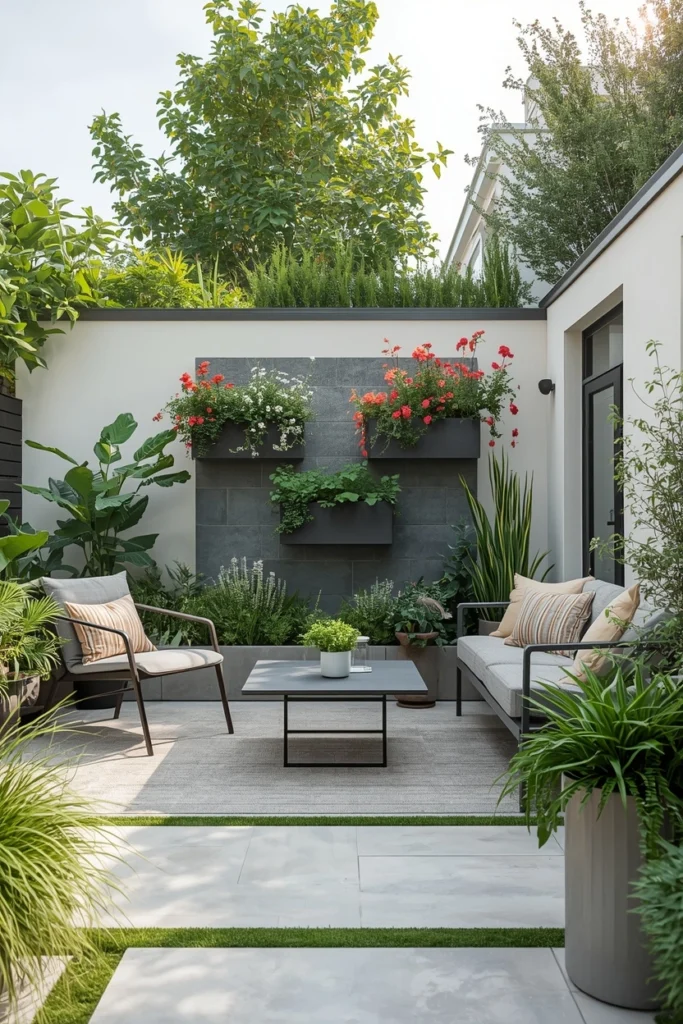 Green wall planters mounted on fence for patio