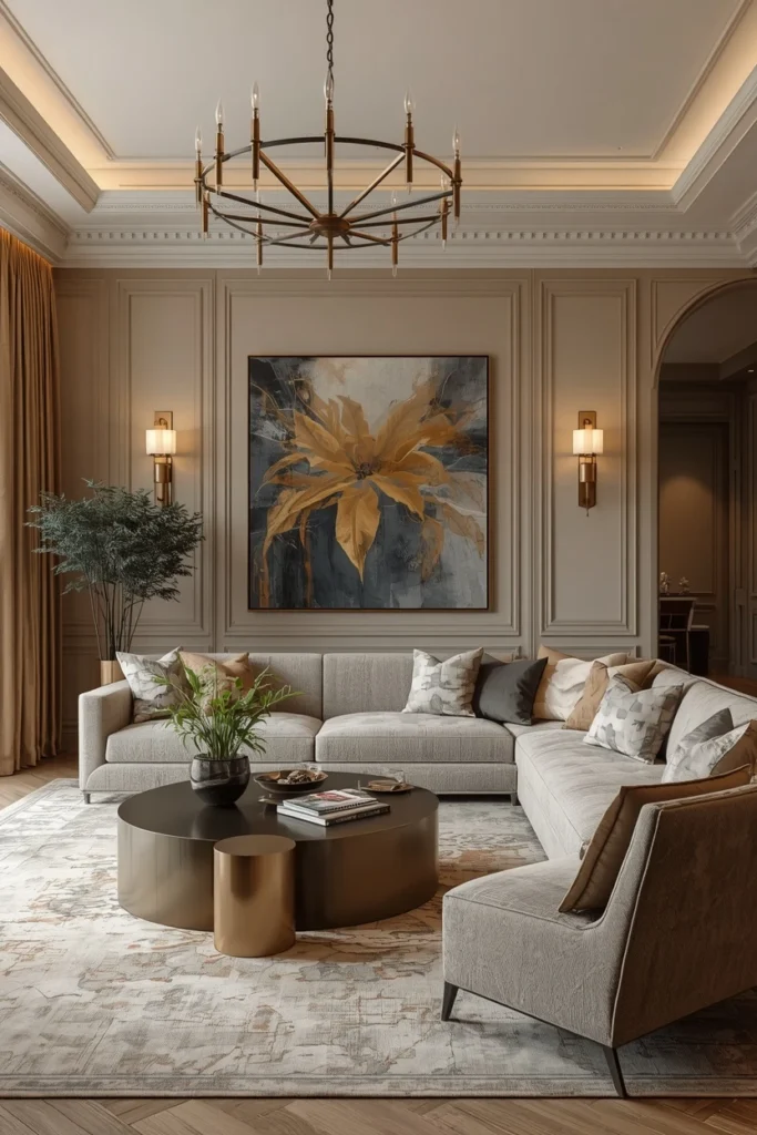 Warm gray walls with pale gold light fixtures