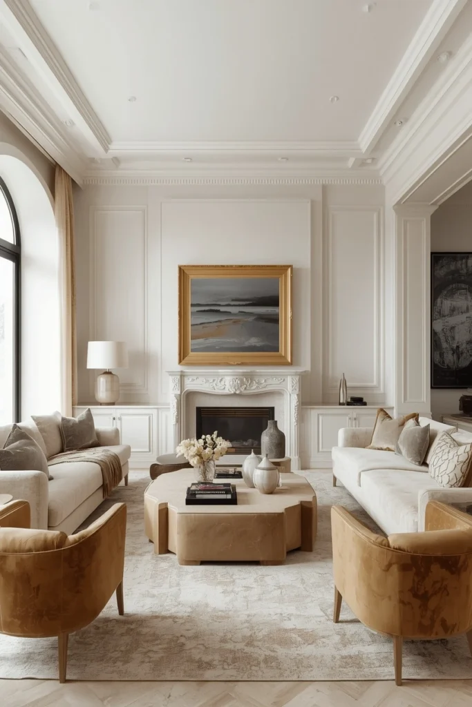 Warm ivory limewash white cozy living room