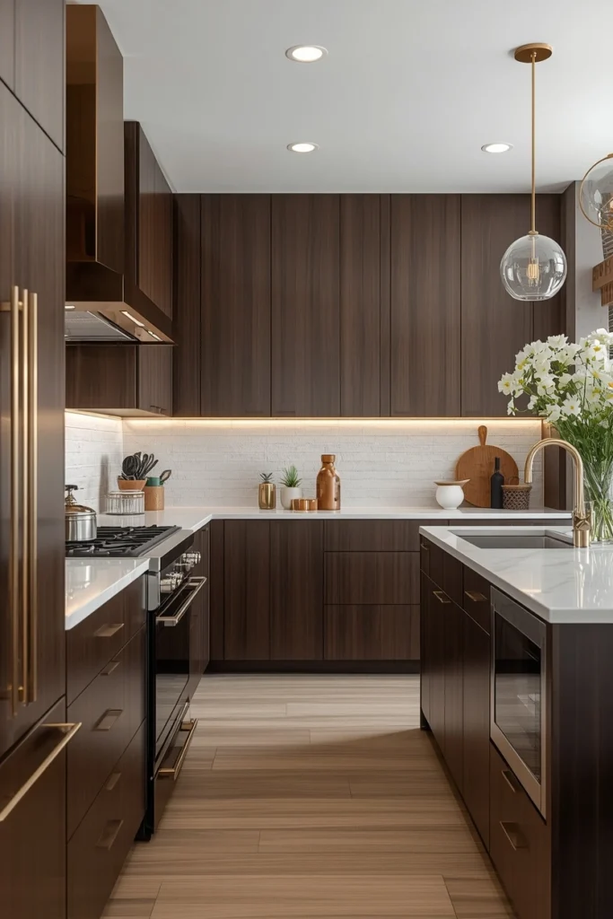 Brushed gold fixtures add warmth and richness to dark kitchens.