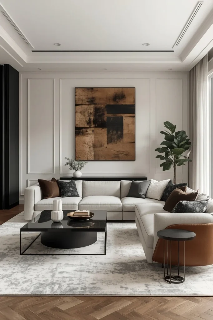 Warm white Japandi living room with black accents