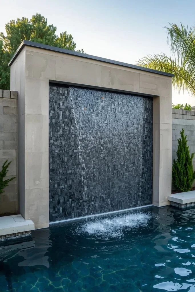 Sleek modern water wall feature beside swimming pool