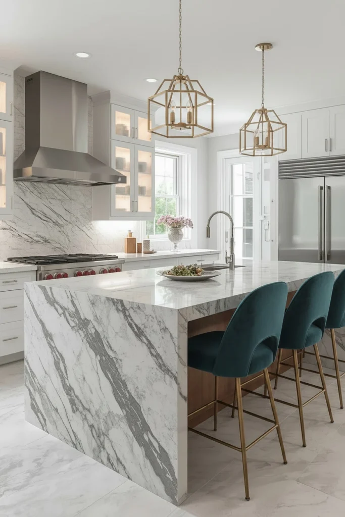 Marble waterfall island adds bold luxury to modern kitchens.