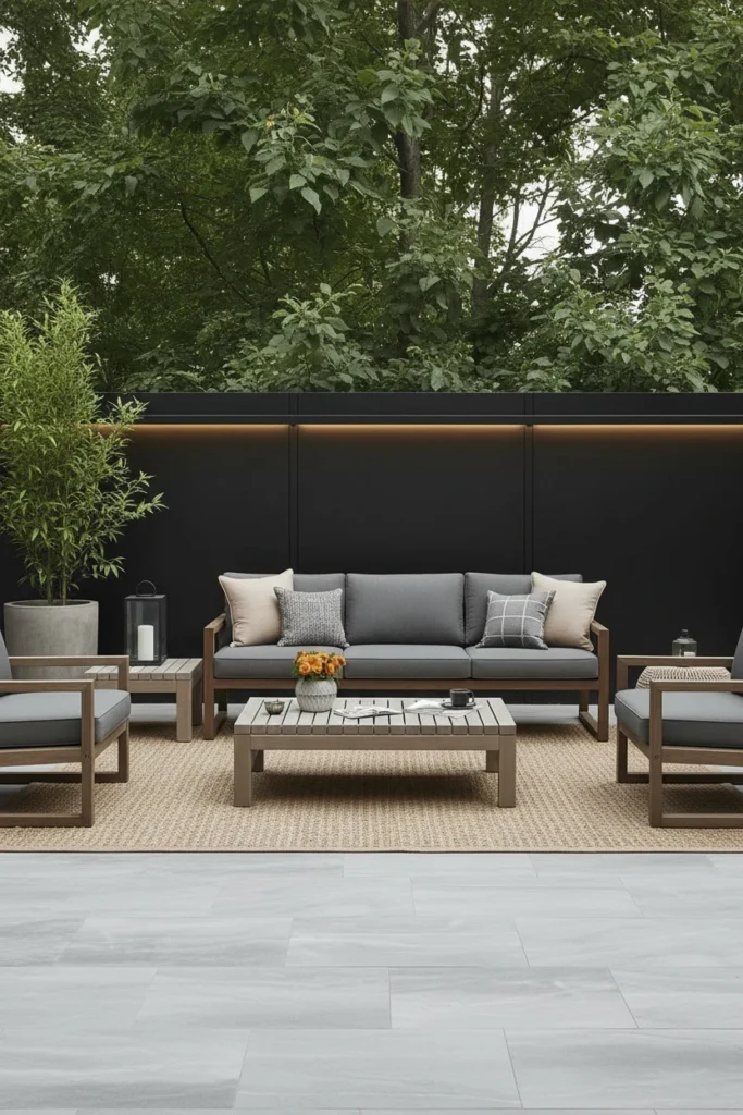 Weathered teak bench and table in garden setting