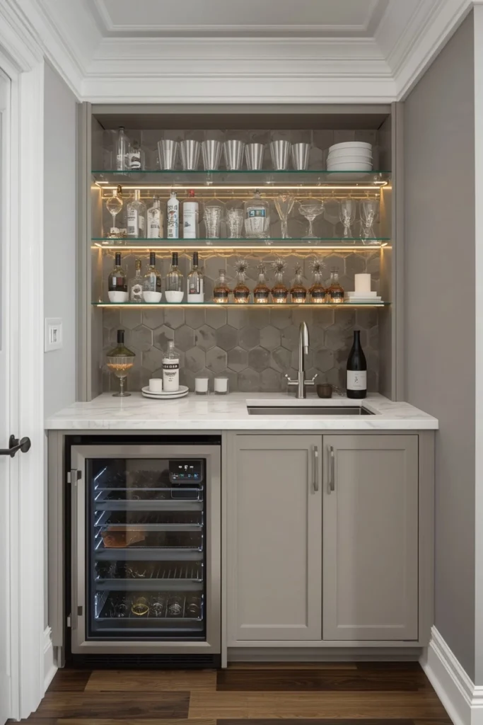 Wet bar counter with built-in sink and mini fridge