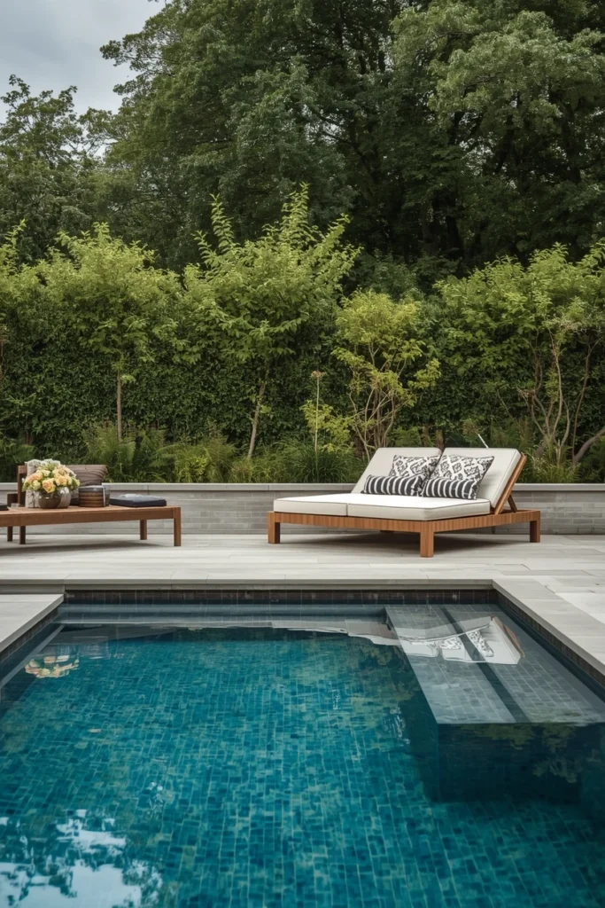 Wide daybed placed beside a modern swimming pool