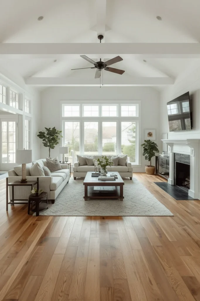Wide white oak plank floors in farmhouse living room