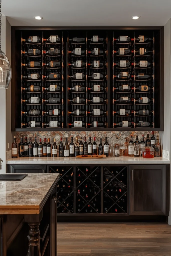 Steel rod wine display wall holding labeled bottles
