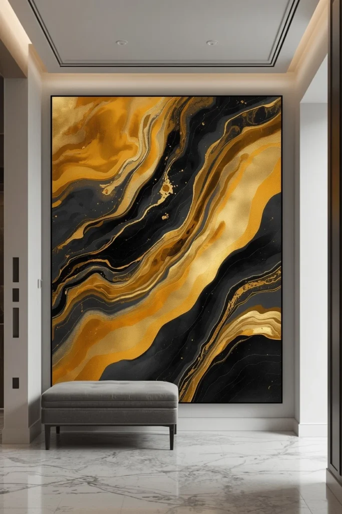 Large abstract wall hanging in hallway