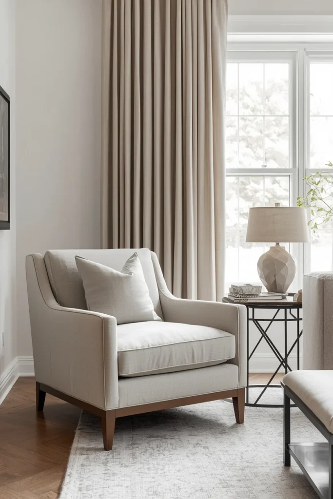 Beige bouclé accent chair beside living room window.
