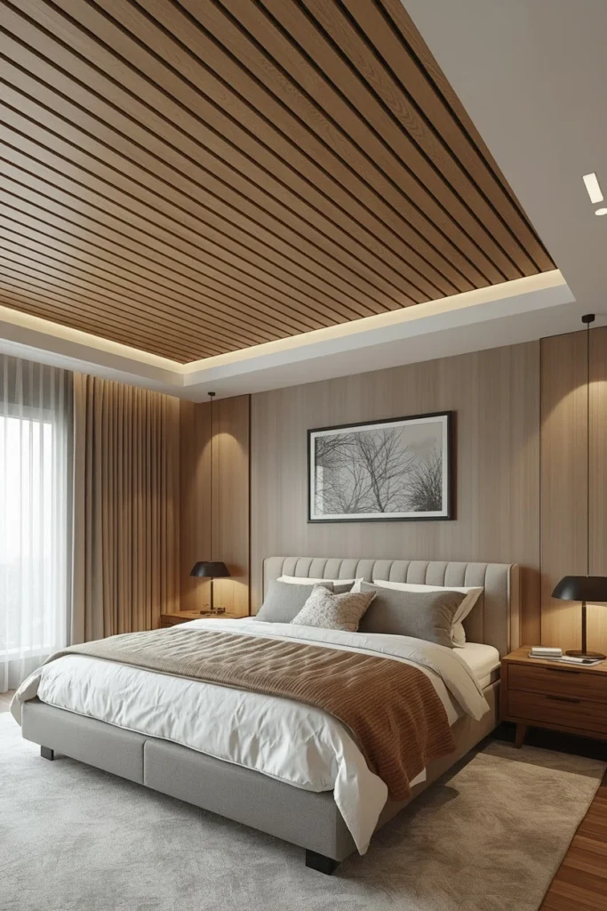 Warm wood acoustic panels on modern bedroom ceiling.