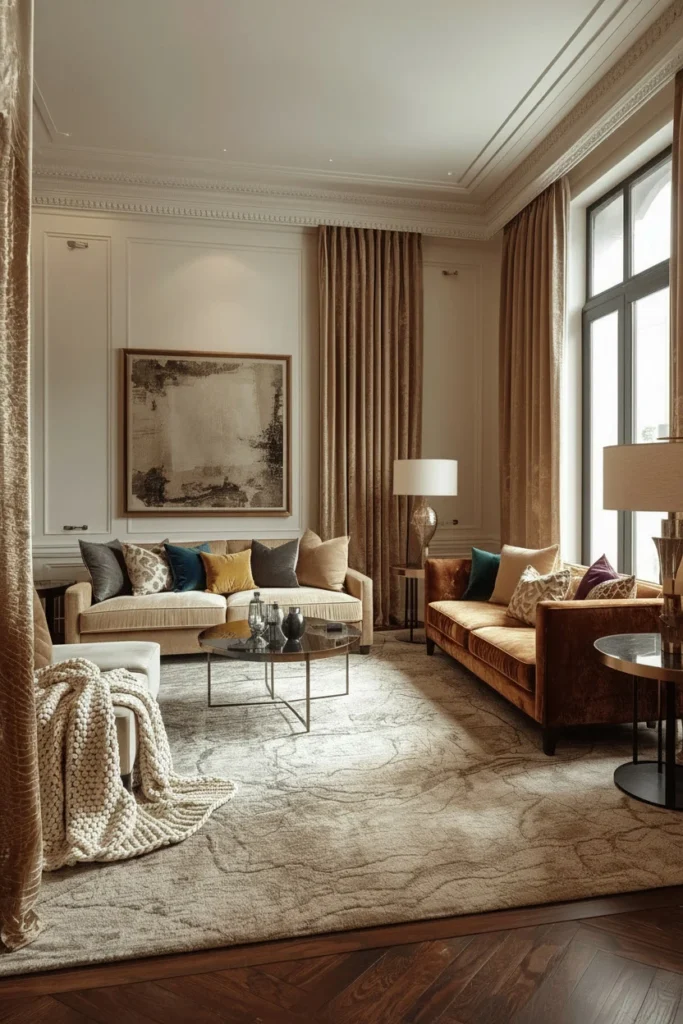 Boucle sofa with velvet cushions in small apartment