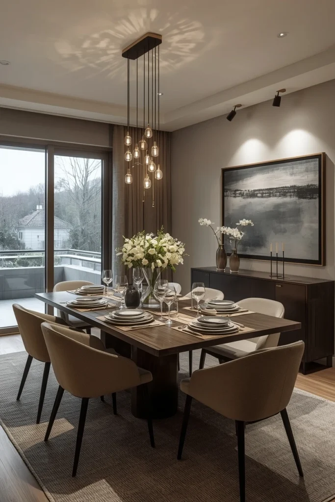 Adjustable spotlights highlighting art in a dining room.