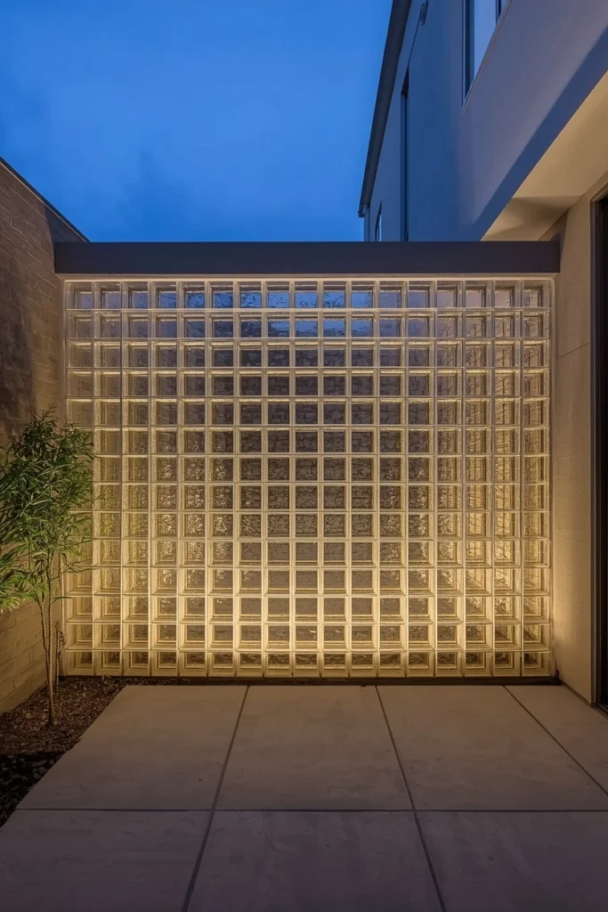 Backlit glass block wall glowing at night