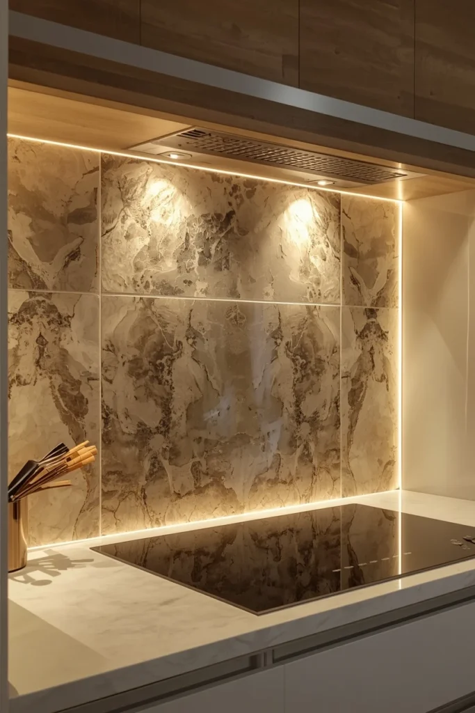 Glowing backlit onyx stone panel behind a modern kitchen hob.