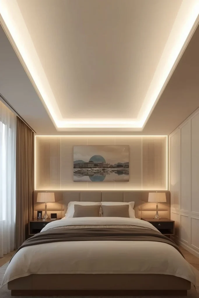 Glowing backlit stretch ceiling in a modern bedroom.