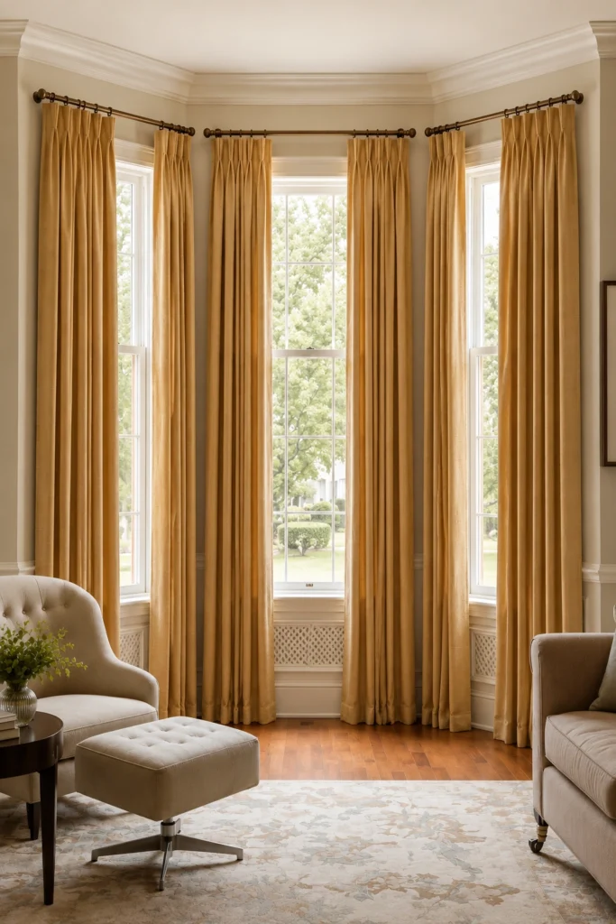 Bay window dressed with matching floor-length curtain panels.