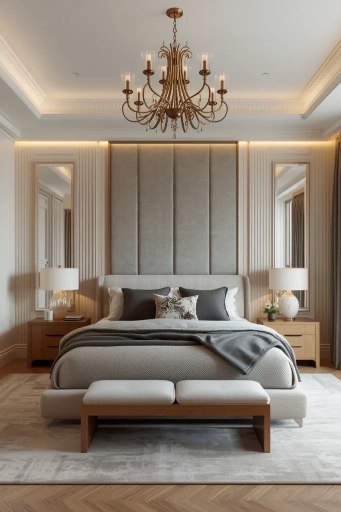 Tall padded cream headboard in a guest room.