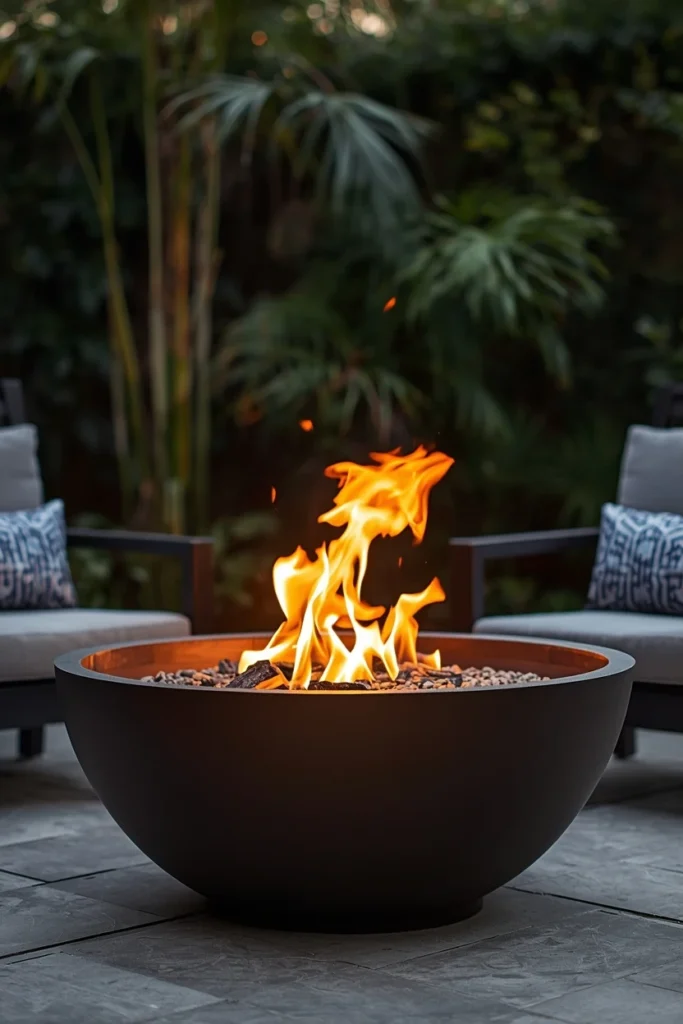 Bioethanol fire pit bowl on slim metal stand