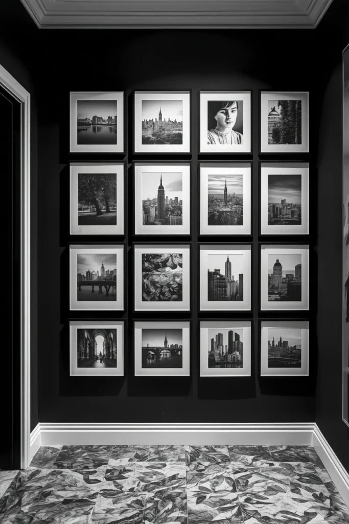 Black and white photo grid on hallway wall