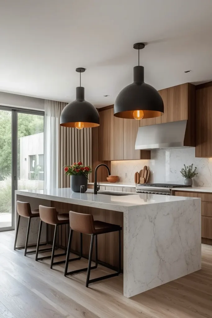 Bold pendant lights hanging above a modern kitchen island.