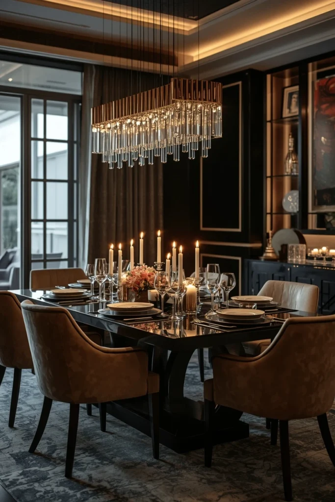Candles and pendant lights glowing on a dining table.