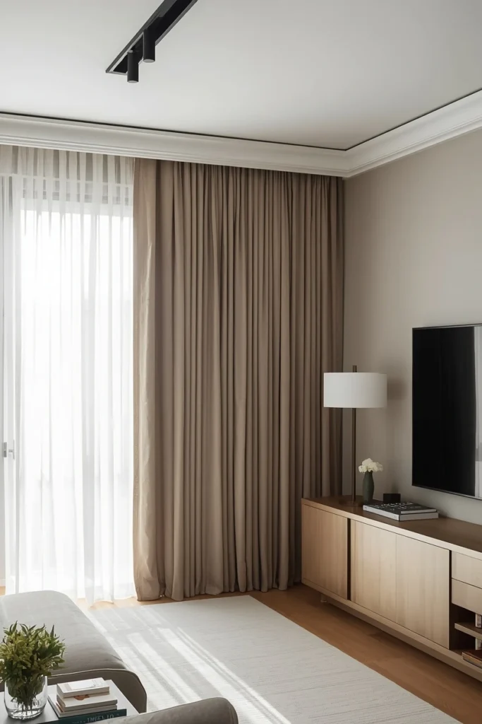 Ceiling track curtain system in a tall modern living room.