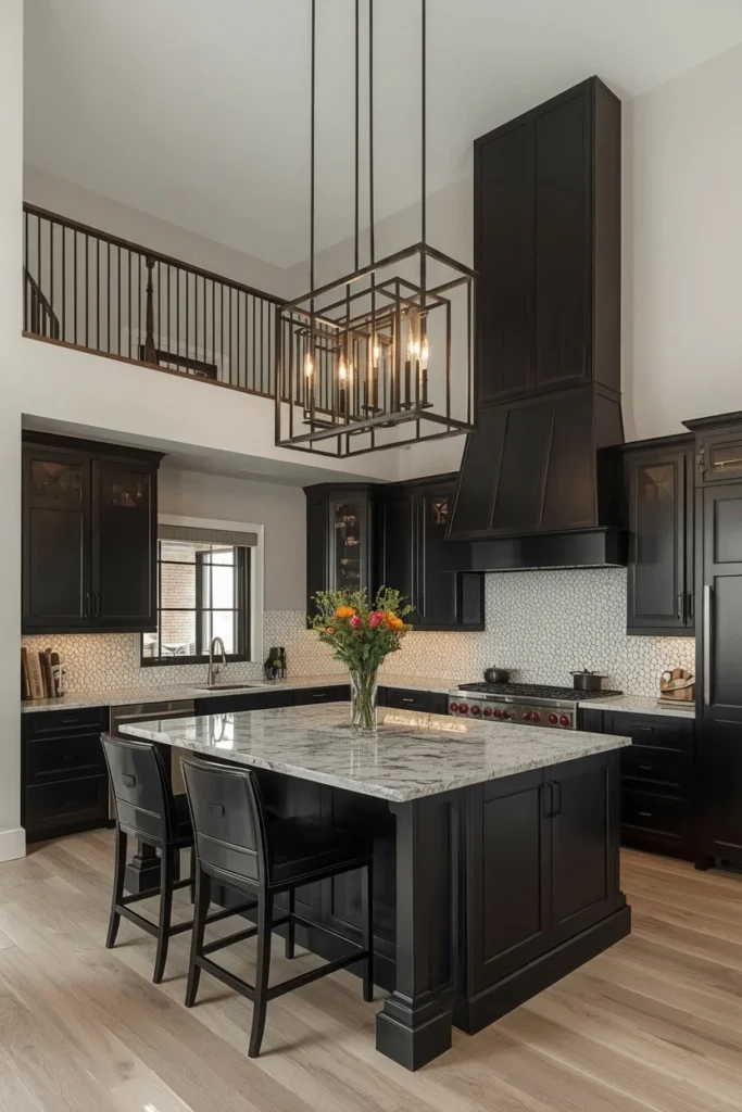 Modern geometric chandelier hanging in a kitchen with high ceilings.