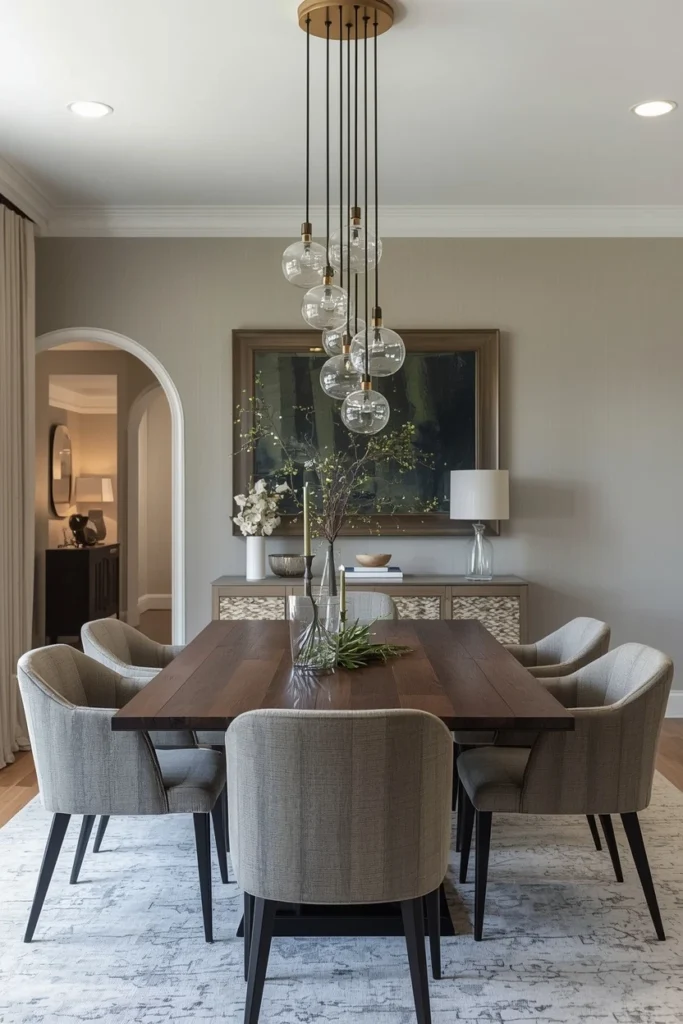 Three glass pendant lights clustered above dining table.