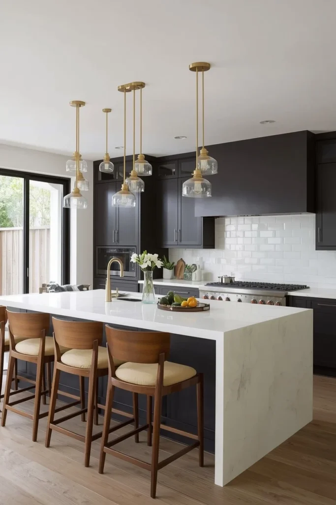 Small clustered pendant lights hanging above a kitchen breakfast bar.