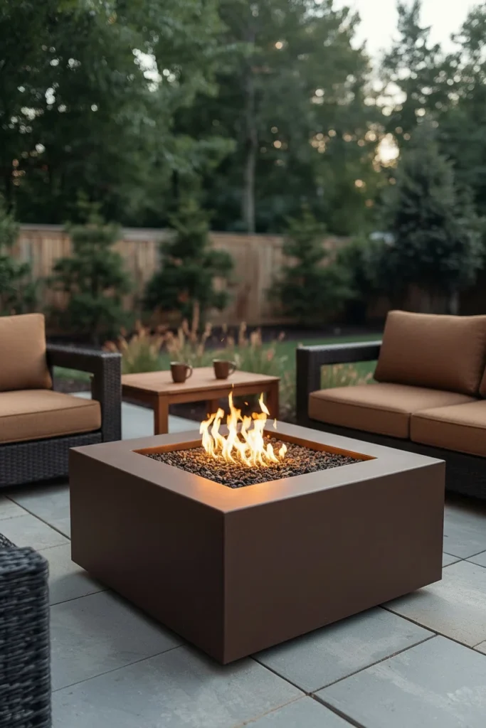 Corten steel square fire pit in backyard